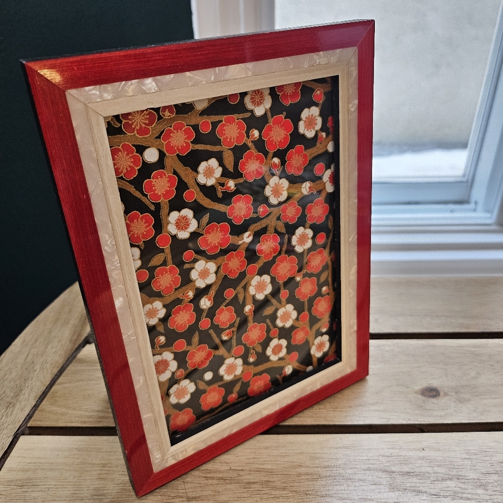 Decorative Frame With Japanese Floral Print, Red & Nacre